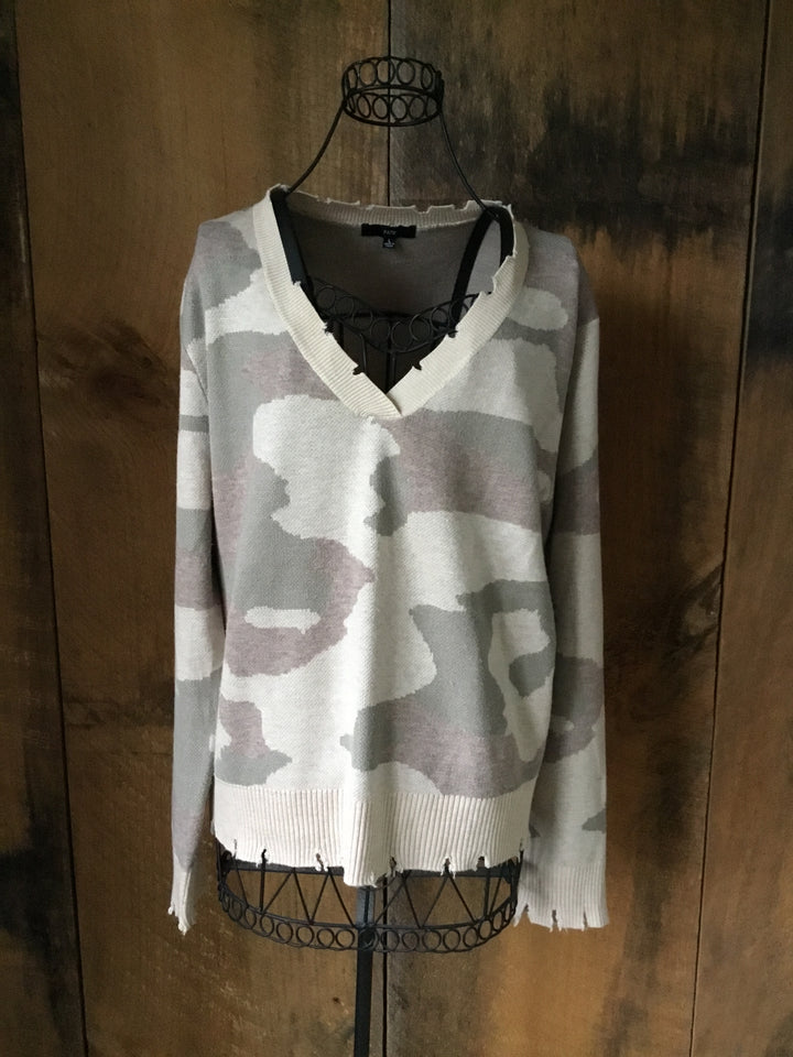 Fate Camouflage Distressed Sweater
