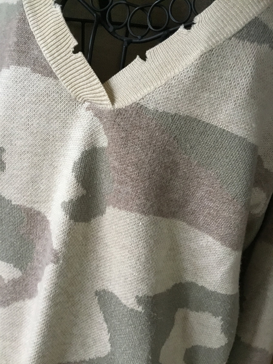 Fate Camouflage Distressed Sweater