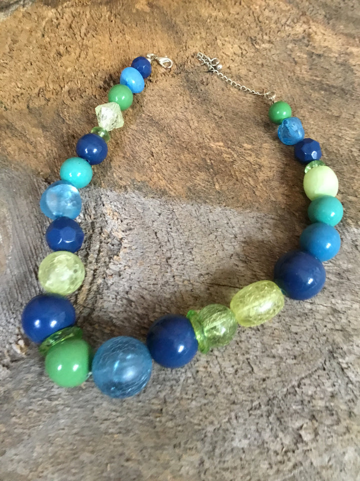 Blue Green Yellow Beaded Necklace