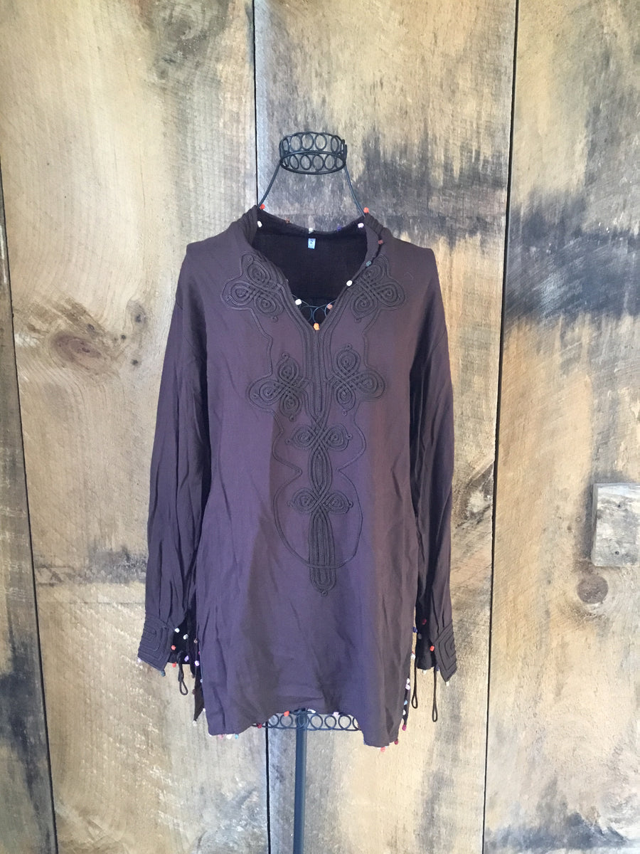 Brown Embroidered Pom Pom Tunic