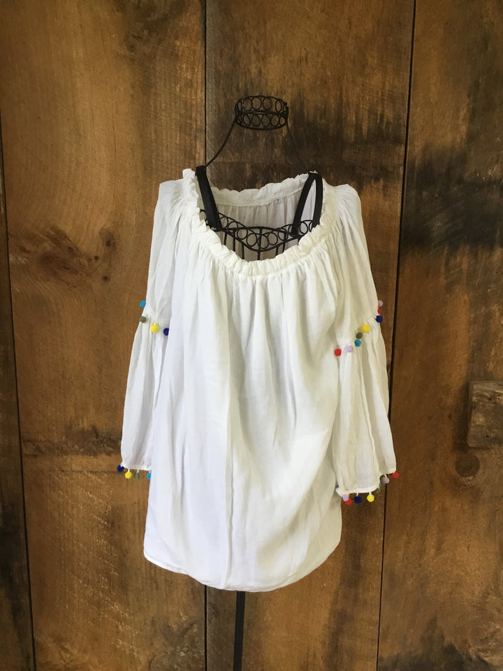 White Pom Pom Peasant Top