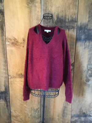 Love Stitch Maroon Fuzzy Sweater